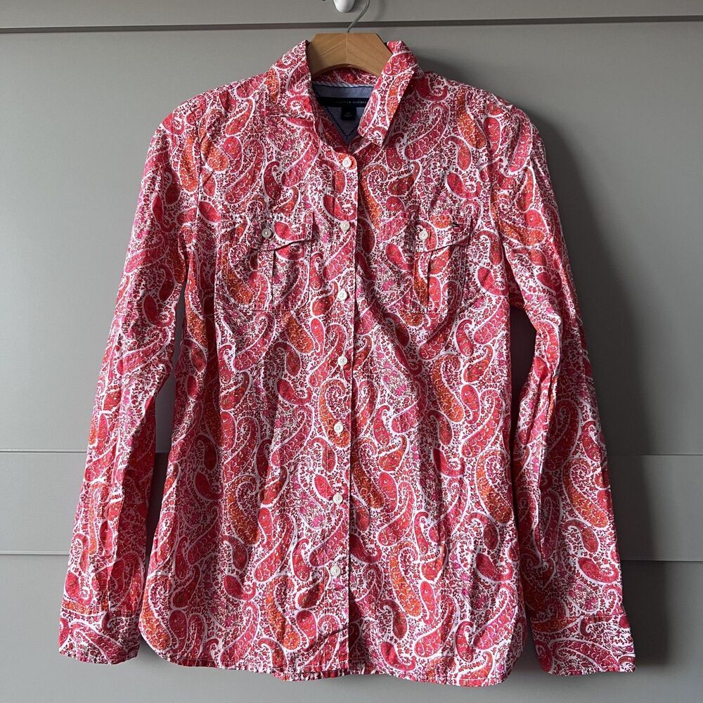 Tommy Hilfiger Shirt Womens Small Pink Orange Paisley Button Front Cotton Preppy